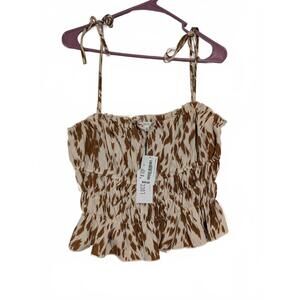 LUCCA Smocked Crop Top in Brown and Cream Polyester Medium